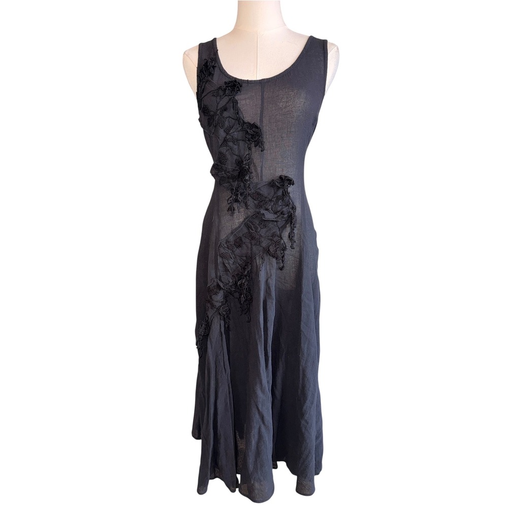 Black 100% Cotton Gauze Applique Sleeveless Midi Dress